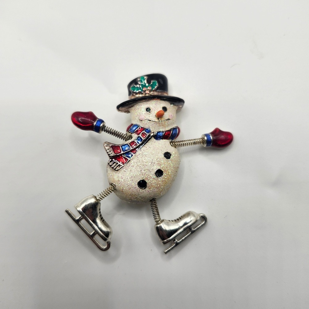 Danecraft Snowman Ice Skating‎ Brooch Pin Silver Tone Enamel Glitter Christmas